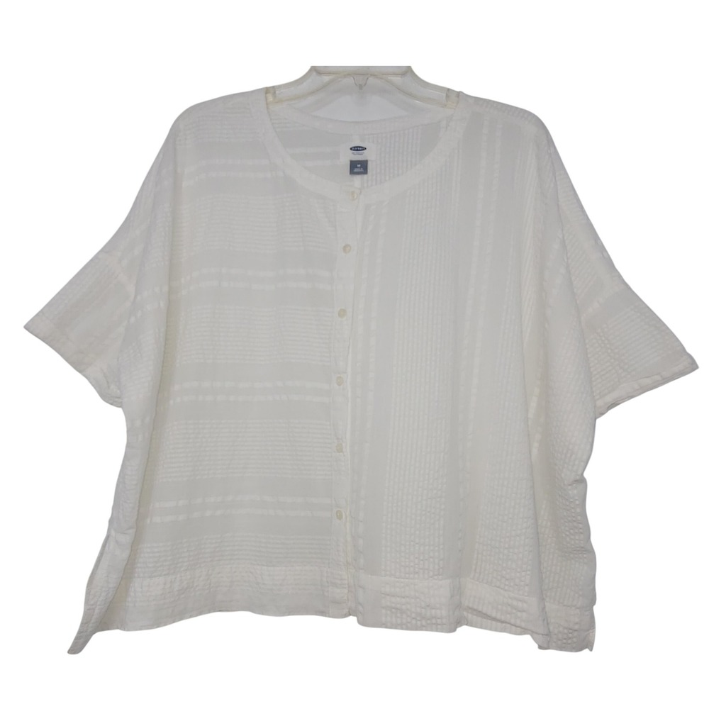 Vintage Old Navy M White Boxy Crop Sleeves Boxy Seersucker Top Lagenlook Coastal